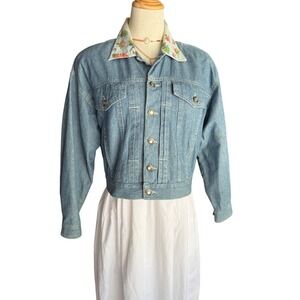 Lizwear Vintage Denim Jacket Medium Wash Floral Collar Blue Womens M